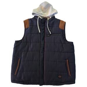 Legendary Whitetails Navy Scramber Puffer Vest Brown Suede Trim Hoodie Size XL